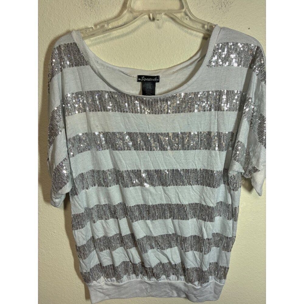 Lovestruck Sequin Shirt Glam Casual Knit Top Silver White Size XL